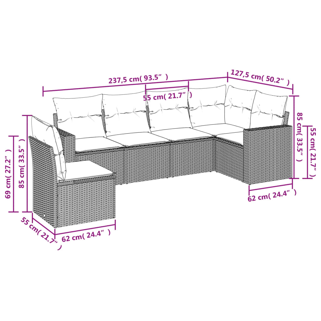 Set Divani da Giardino 6 pz con Cuscini Marrone in Polyrattan