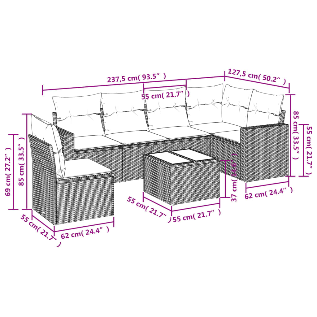 Set Divano da Giardino 7pz con Cuscini Marrone in Polyrattan