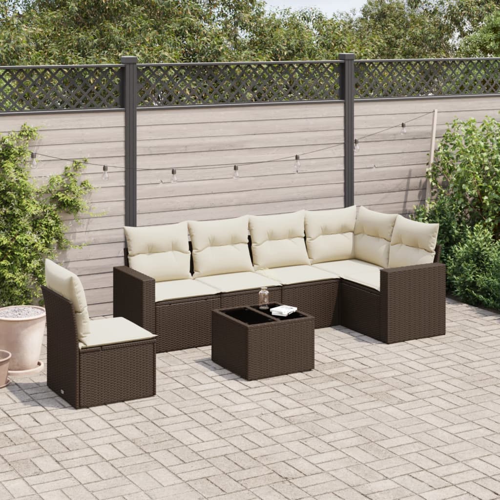 Set Divano da Giardino 7pz con Cuscini Marrone in Polyrattan