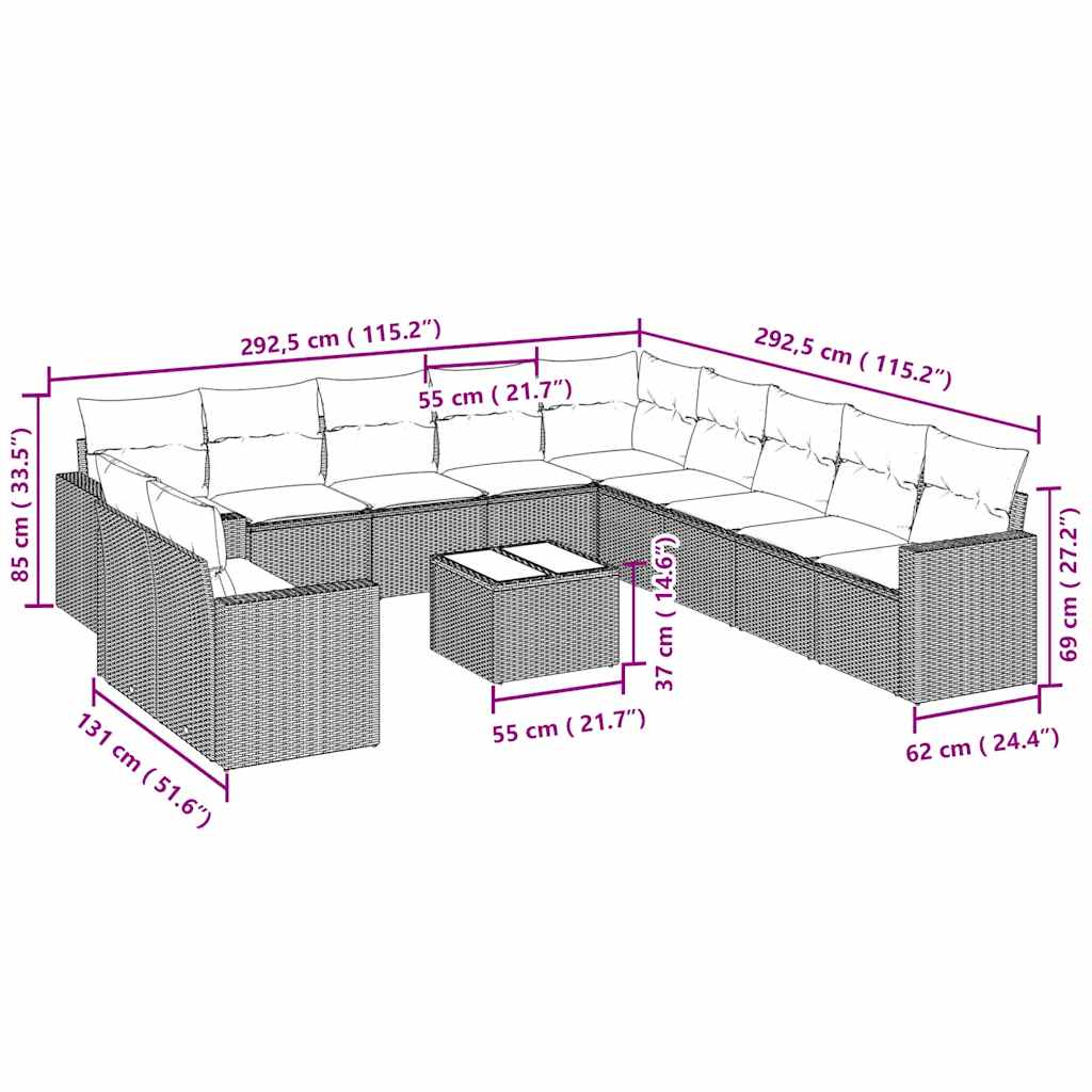 Set Divano Giardino 12 pz con Cuscini Grigio Chiaro Polyrattan