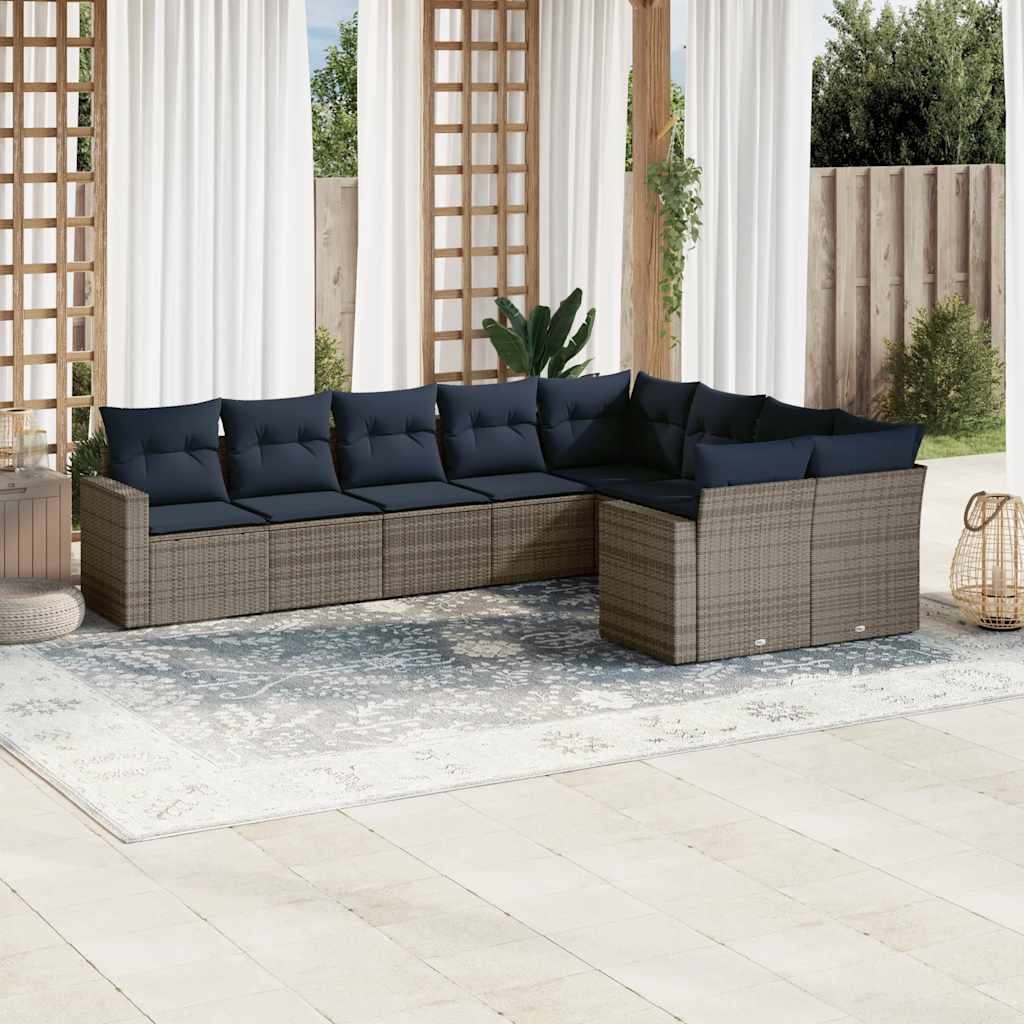Set Divani da Giardino 9 pz con Cuscini Grigio in Polyrattan