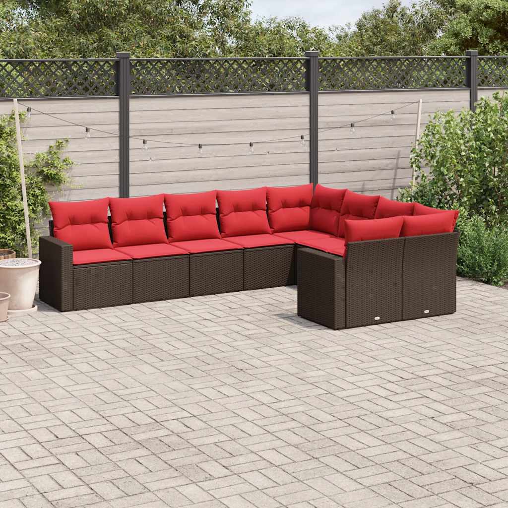 Set Divani da Giardino 9pz con Cuscini Marrone in Polyrattan