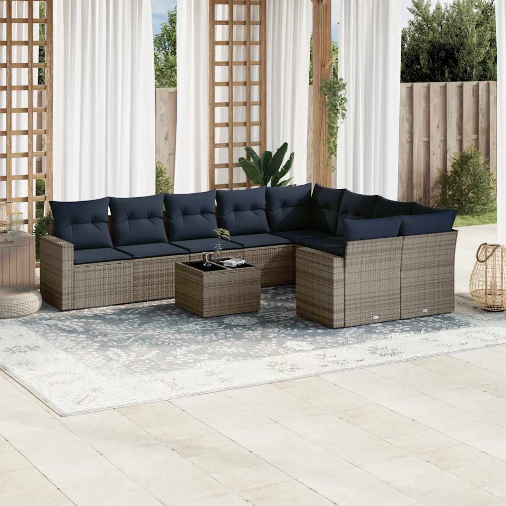 Set Divani da Giardino 10 pz con Cuscini Grigio in Polyrattan