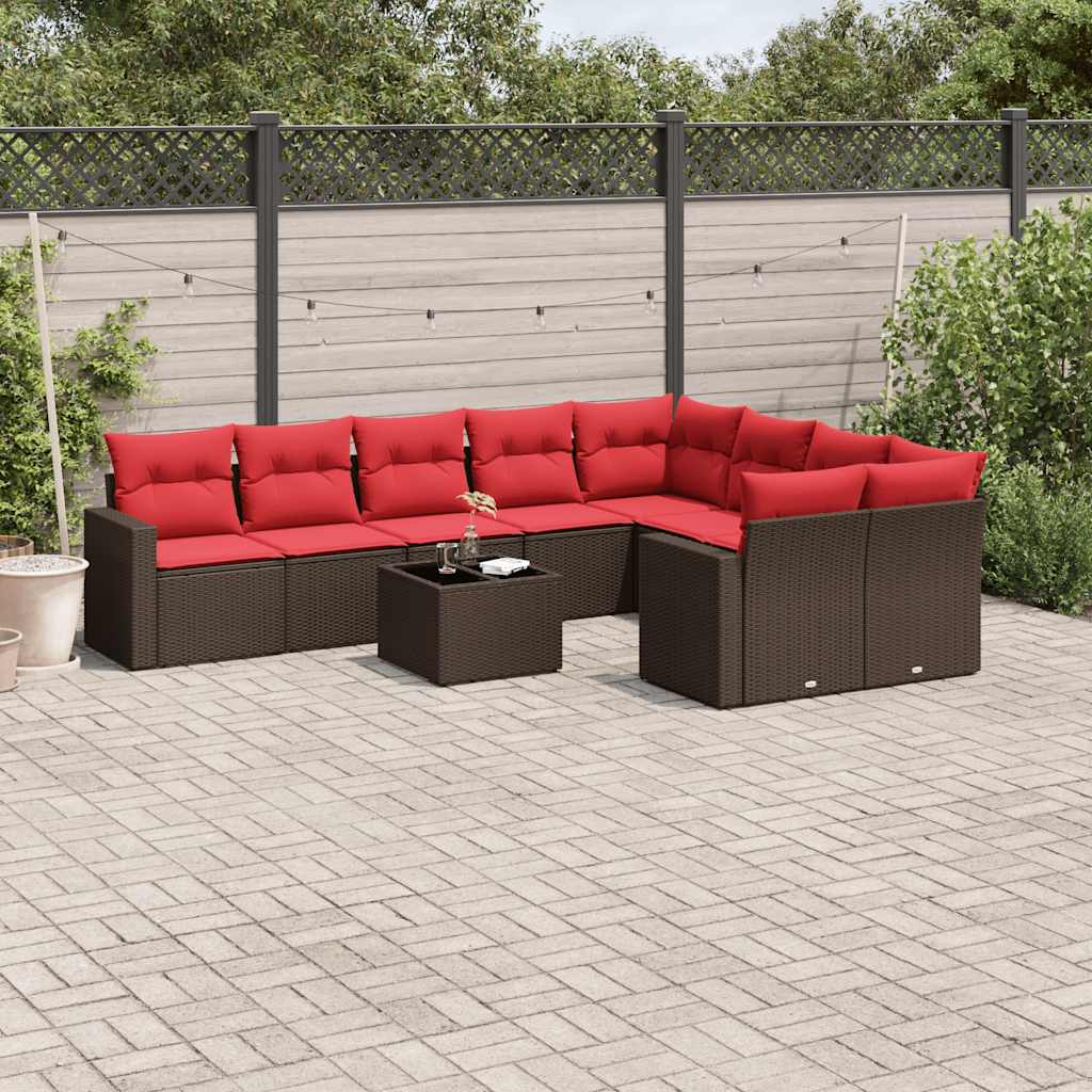 Set Divani da Giardino 10pz con Cuscini in Polyrattan Marrone