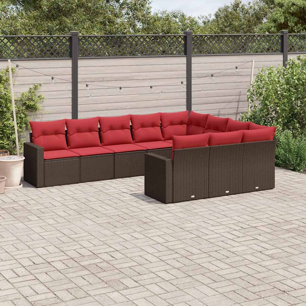 Set Divani da Giardino 10pz con Cuscini in Polyrattan Marrone