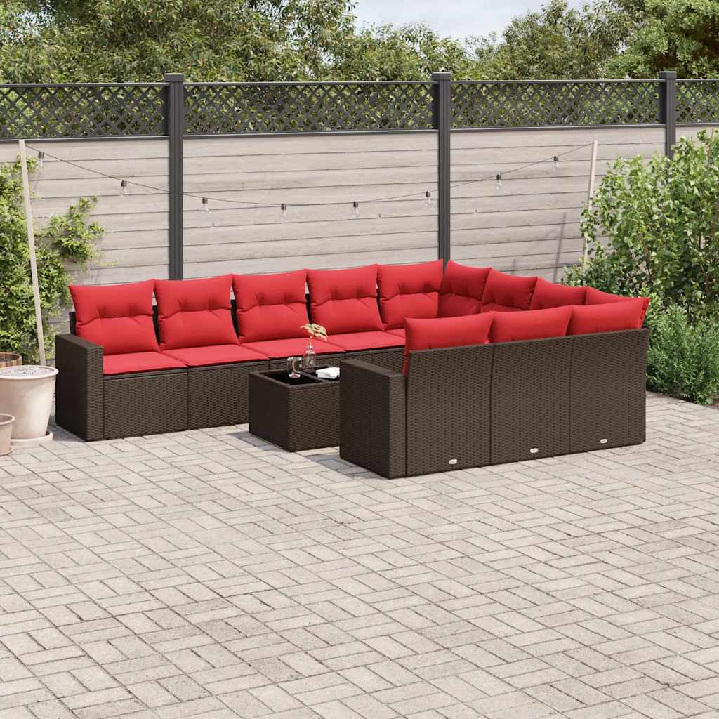 Set Divani da Giardino 11 pz con Cuscini Polyrattan Marrone