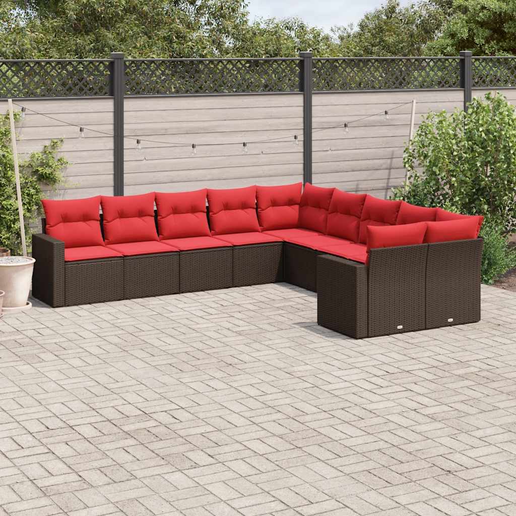 Set Divani da Giardino 10pz con Cuscini in Polyrattan Marrone
