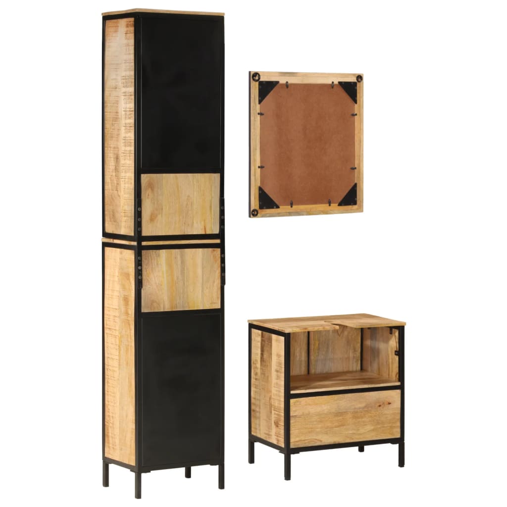 Set Mobili da Bagno 3 pz in Ferro e Legno Massello di Mango