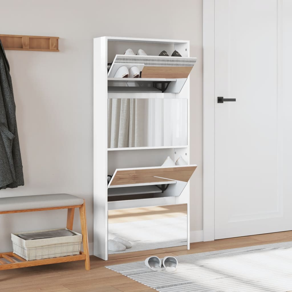 Scarpiera con Specchio a 4 Livelli Bianco lucido 63x17x134 cm