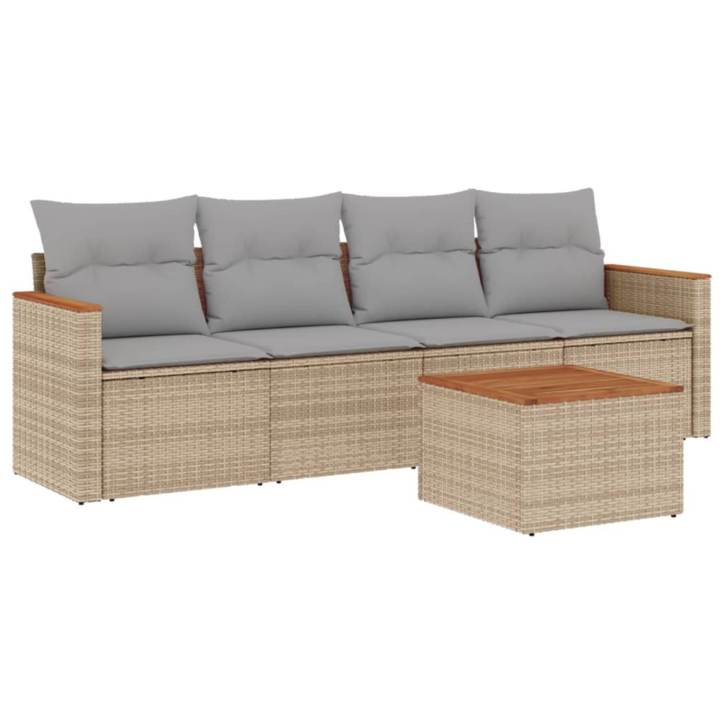 Set Divano da Giardino 5 pz con Cuscini Beige Misto Polyrattan