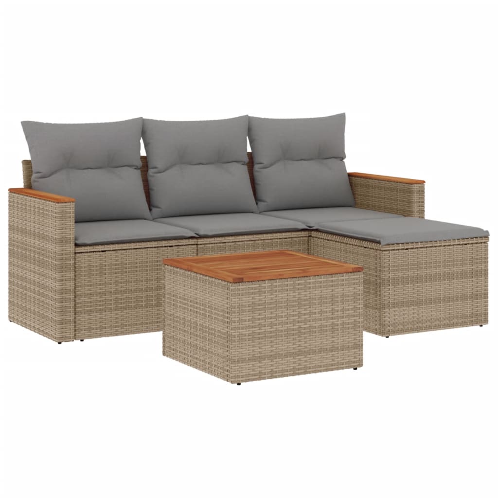 Set Divano da Giardino 5 pz con Cuscini Beige Misto Polyrattan
