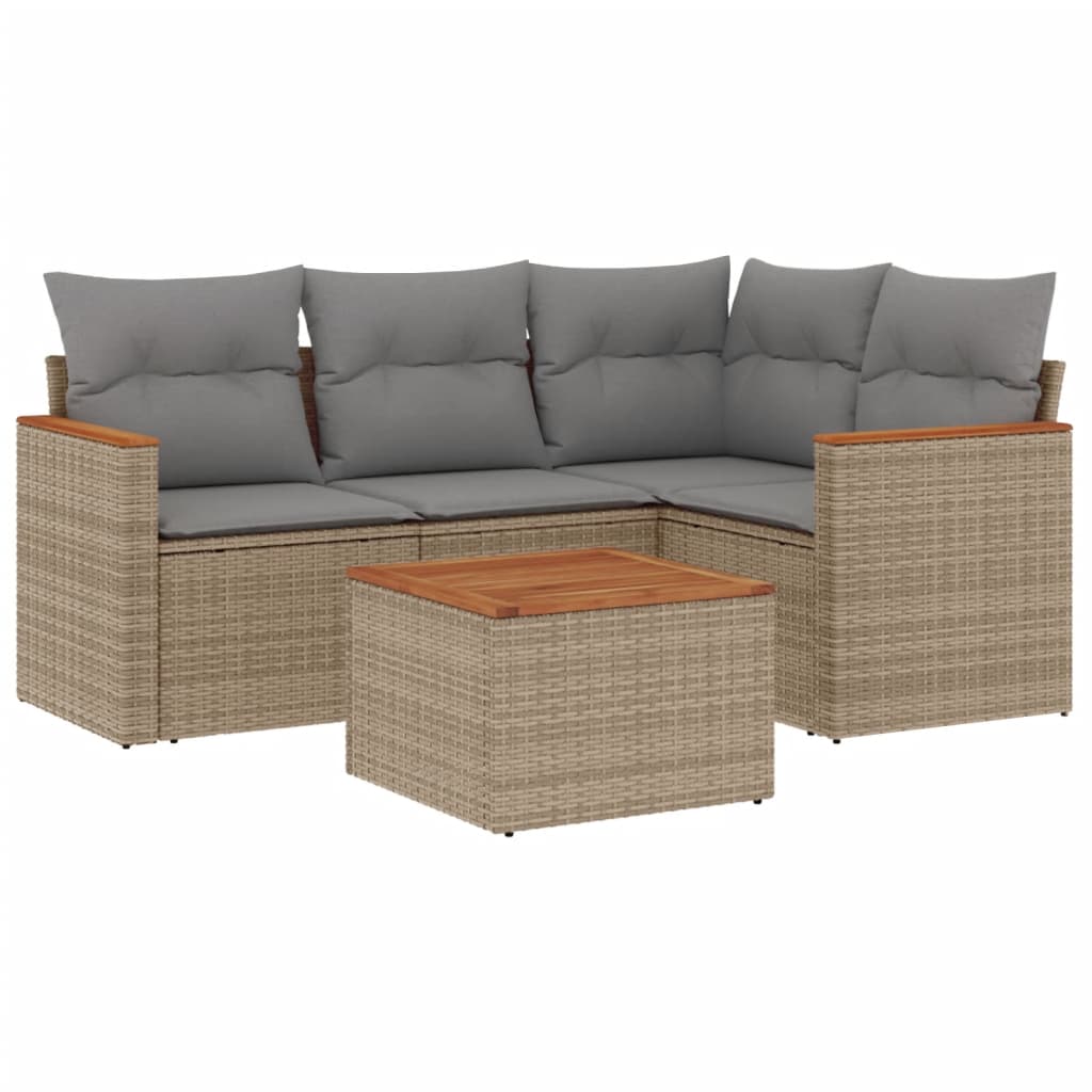 Set Divano da Giardino 5 pz con Cuscini Beige Misto Polyrattan