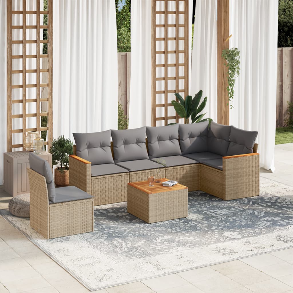 Set Divano da Giardino 7 pz con Cuscini Beige Misto Polyrattan