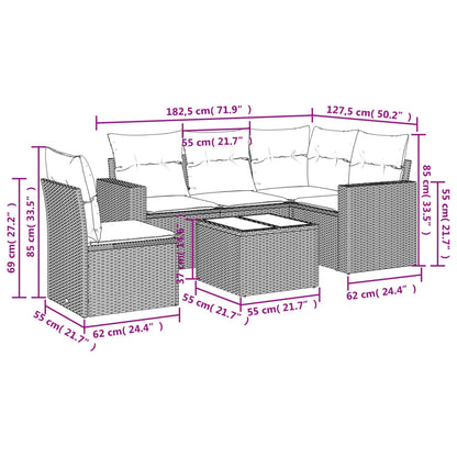 Set Divani da Giardino 6 pz con Cuscini Marrone in Polyrattan