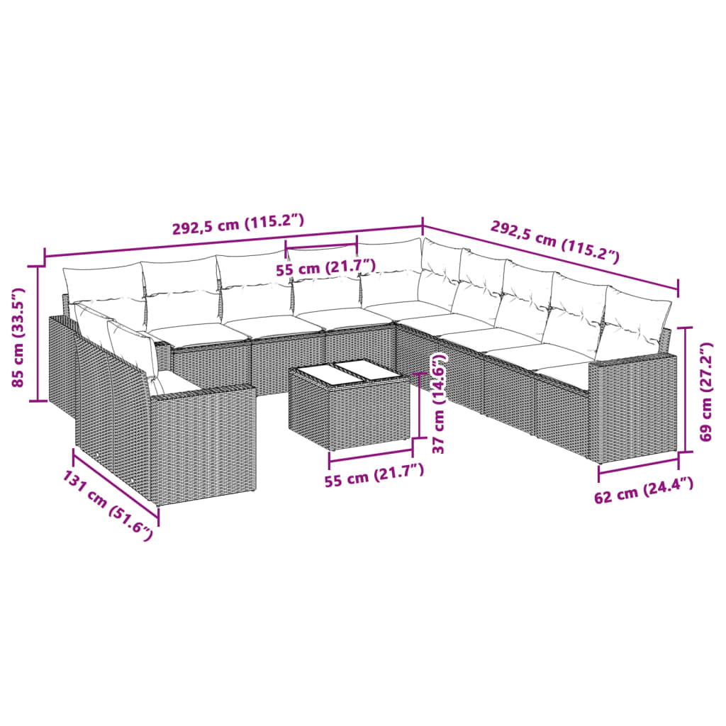 Set Divano Giardino 12 pz con Cuscini Grigio Chiaro Polyrattan