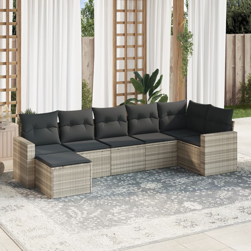 Set Divani da Giardino 7pz con Cuscini Grigio Chiaro Polyrattan