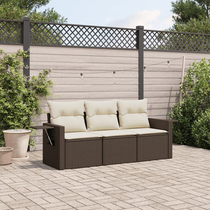 Set Divano da Giardino 3 pz con Cuscini Marrone in Polyrattan