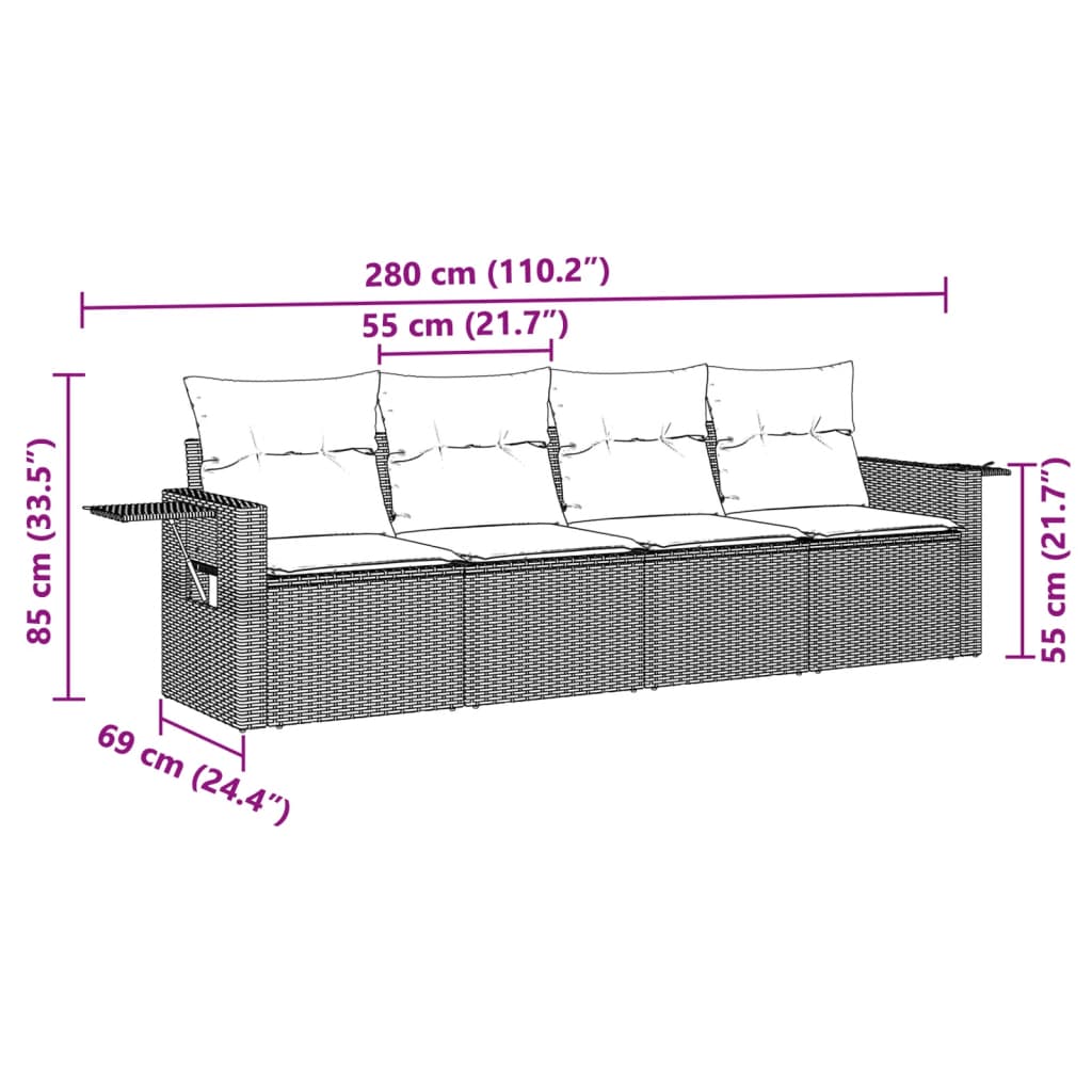 Set Divano da Giardino 4pz con Cuscini Grigio Chiaro Polyrattan