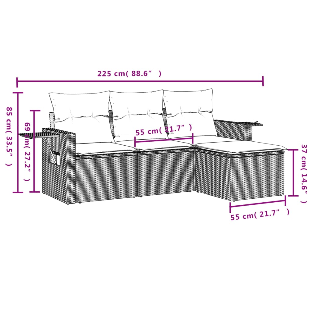 Set Divano da Giardino 4pz con Cuscini Grigio Chiaro Polyrattan