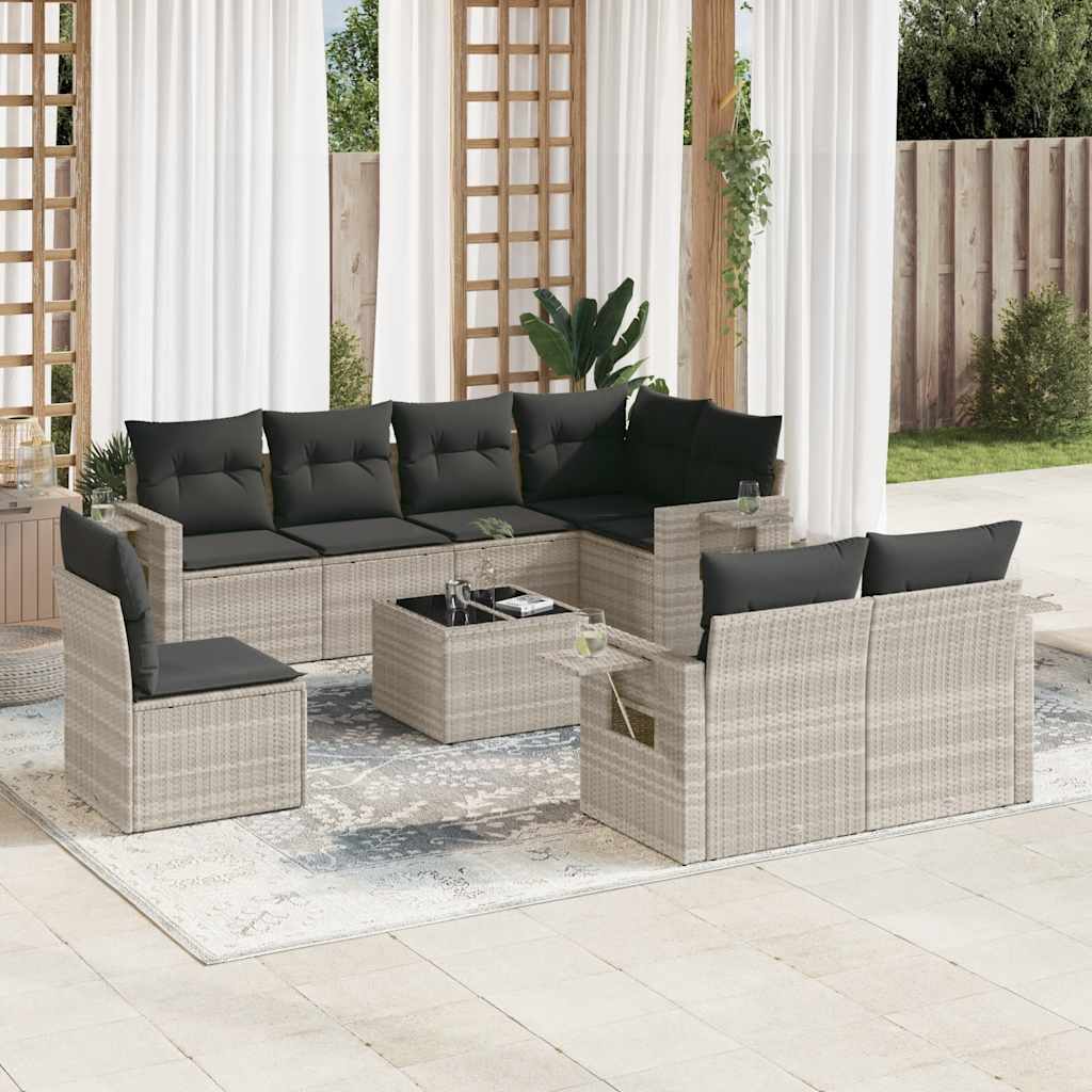 Set Divano da Giardino 9pz con Cuscini Grigio Chiaro Polyrattan