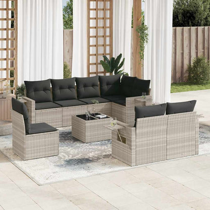 Set Divano da Giardino 9pz con Cuscini Grigio Chiaro Polyrattan