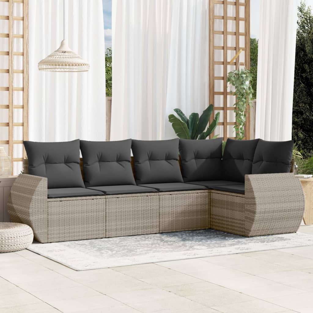 Set Divano da Giardino 5pz con Cuscini Grigio Chiaro Polyrattan