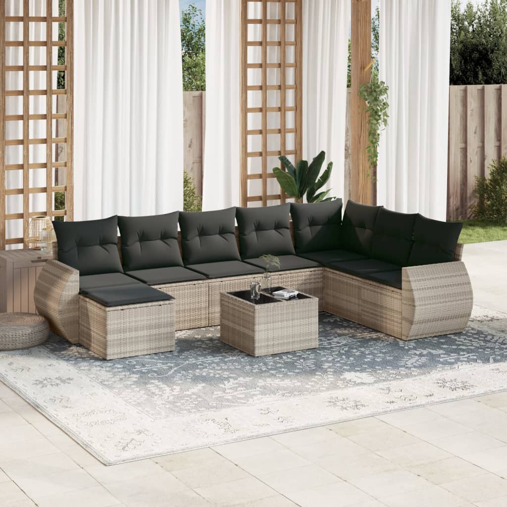Set Divano da Giardino 9pz con Cuscini Grigio Chiaro Polyrattan