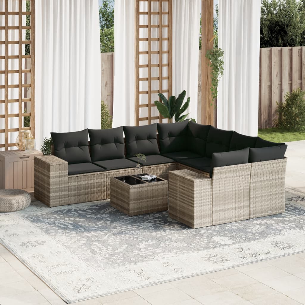 Set Divano da Giardino 9pz con Cuscini Grigio Chiaro Polyrattan