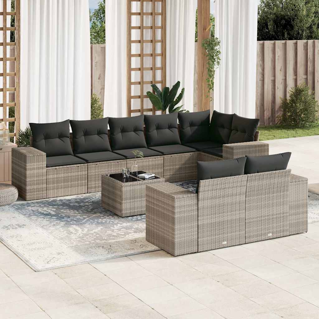 Set Divano da Giardino 9pz con Cuscini Grigio Chiaro Polyrattan