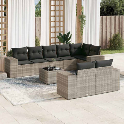 Set Divano da Giardino 9pz con Cuscini Grigio Chiaro Polyrattan
