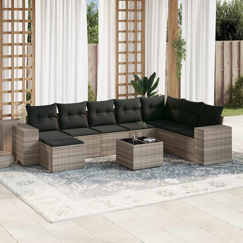 Set Divano da Giardino 9pz con Cuscini Grigio Chiaro Polyrattan