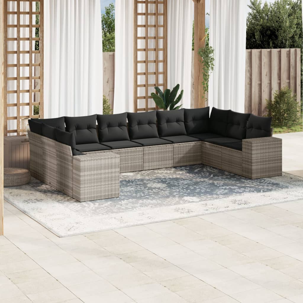 Set Divano Giardino 10 pz con Cuscini Grigio Chiaro Polyrattan