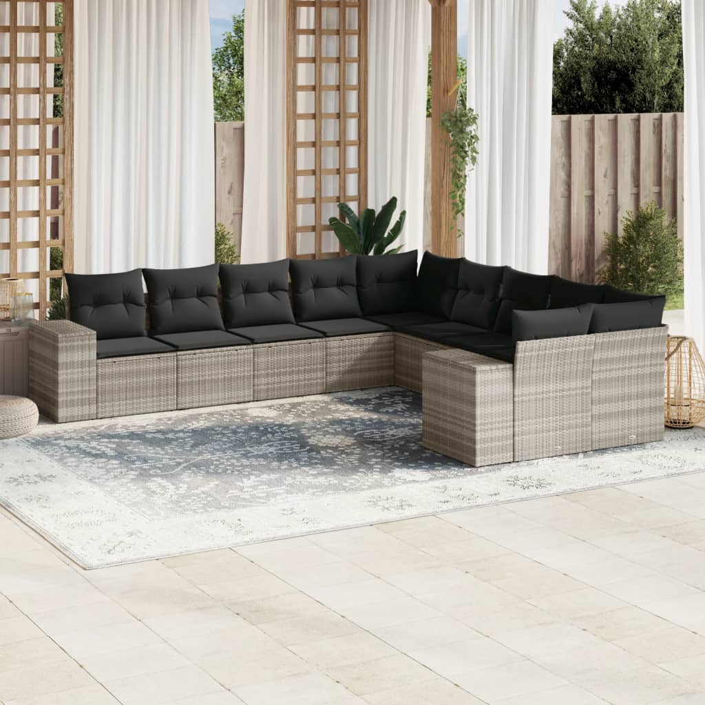 Set Divano Giardino 10 pz con Cuscini Grigio Chiaro Polyrattan