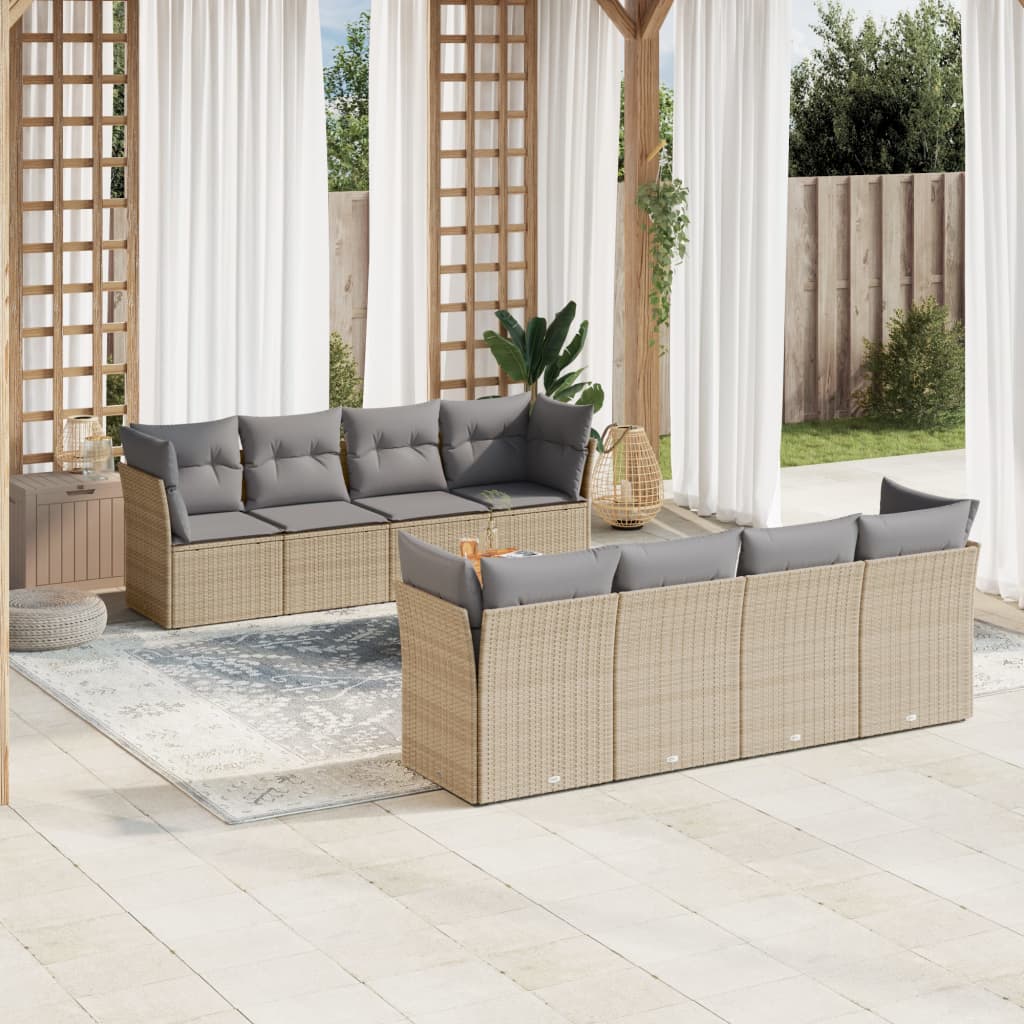 Set Divano da Giardino 9 pz con Cuscini Beige Misto Polyrattan