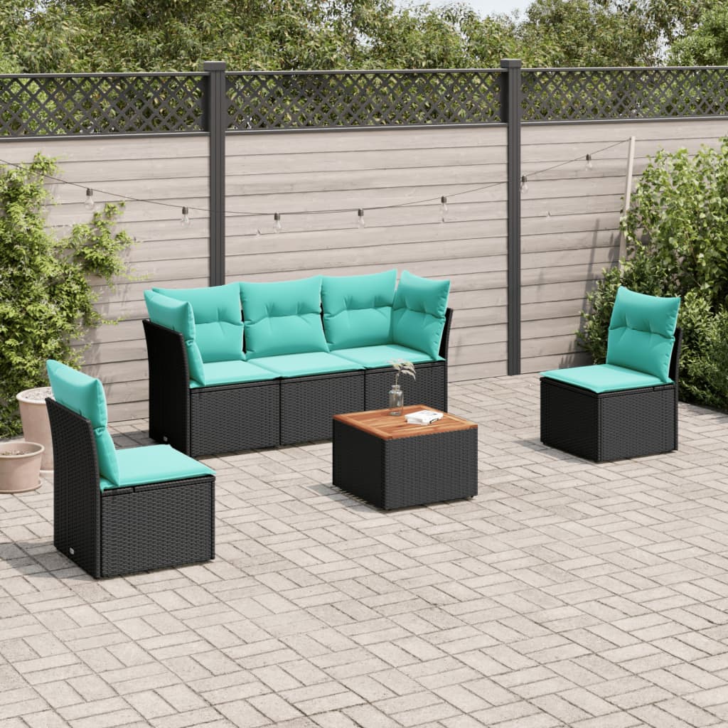 Set Divani da Giardino 6 pz con Cuscini Nero in Polyrattan