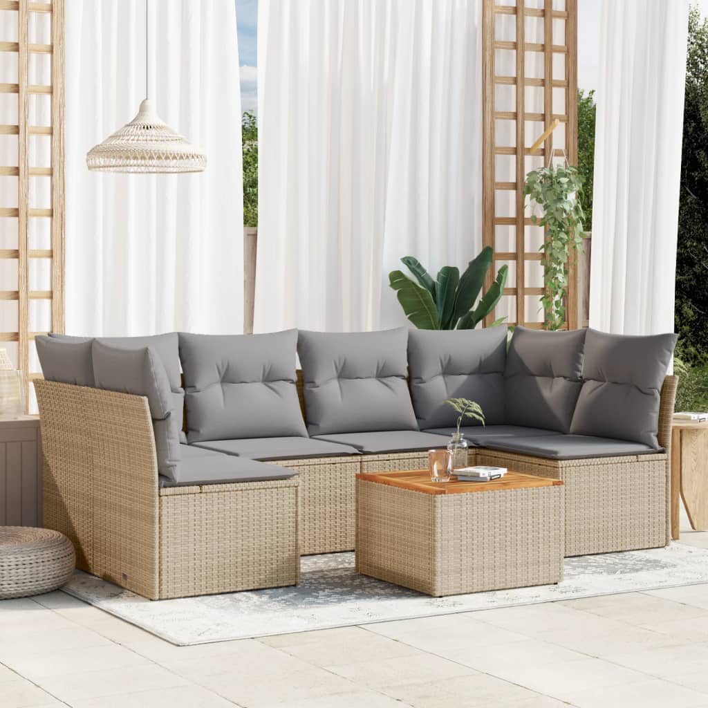 Set Divano da Giardino 7 pz con Cuscini Beige Misto Polyrattan
