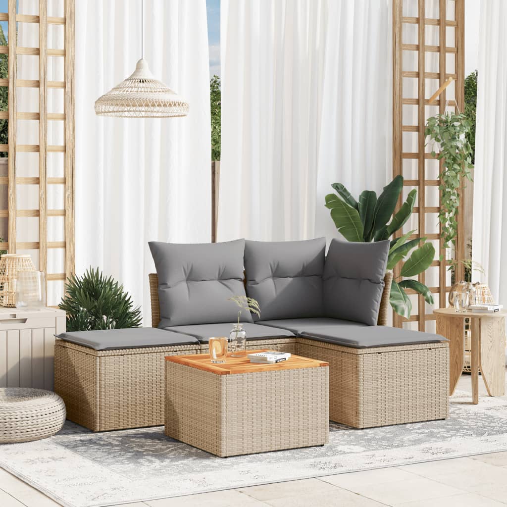 Set Divano da Giardino 5 pz con Cuscini Beige Misto Polyrattan