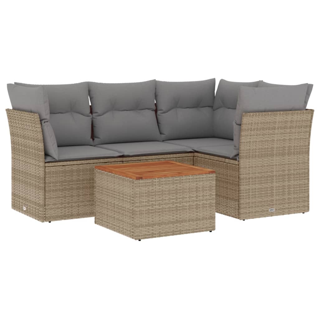 Set Divano da Giardino 5 pz con Cuscini Beige Misto Polyrattan