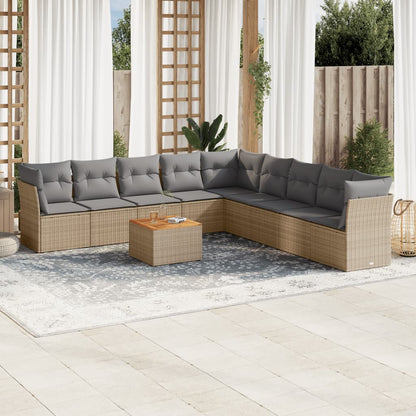 Set Divano da Giardino 10 pz con Cuscini Beige Misto Polyrattan