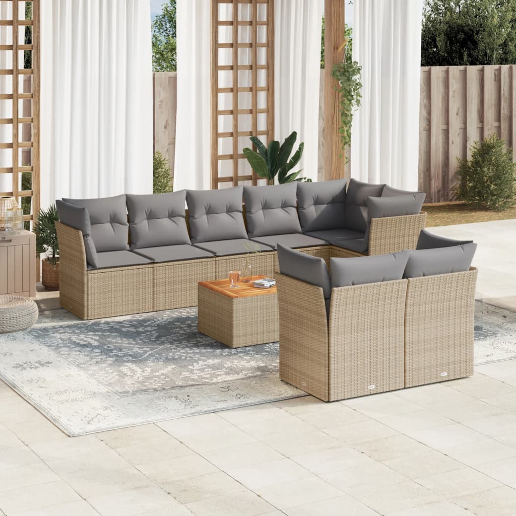 Set Divano da Giardino 9 pz con Cuscini Beige Misto Polyrattan
