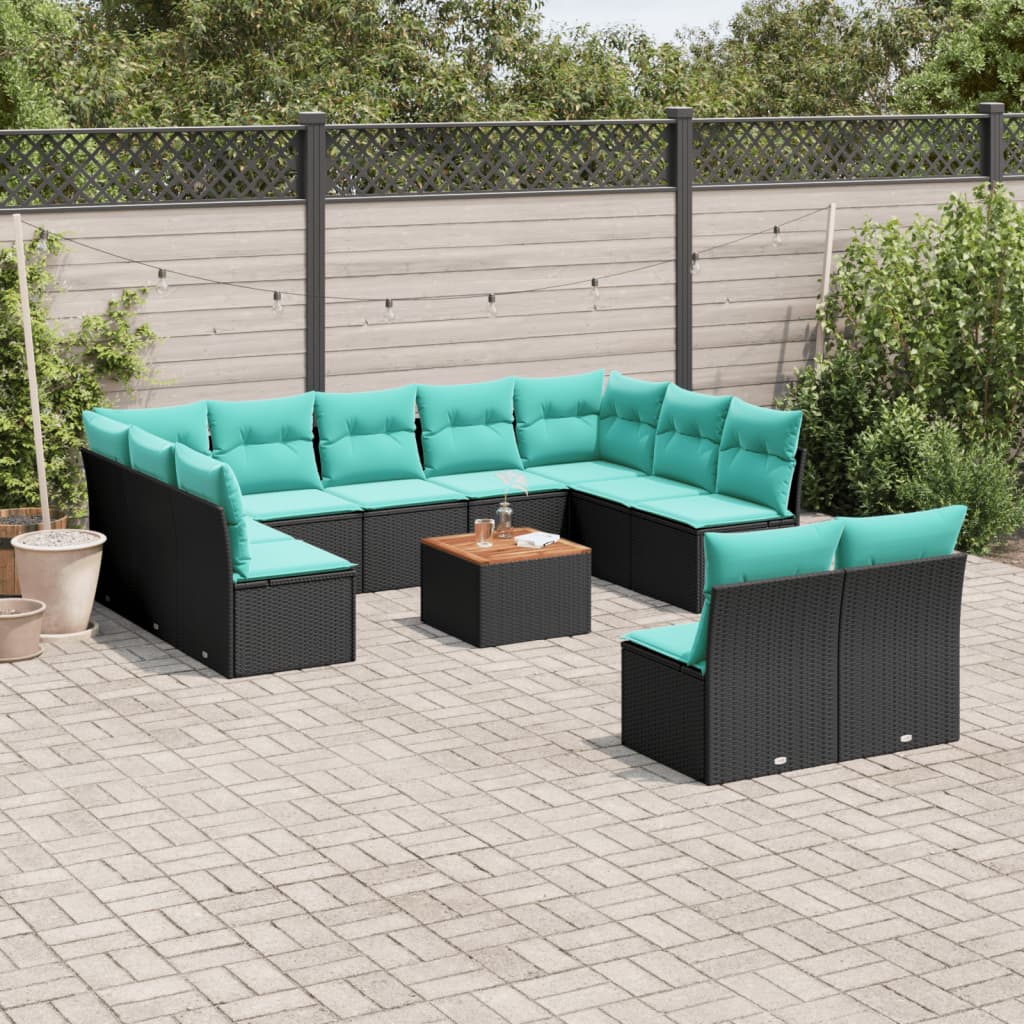 Set Divani da Giardino 12pz con Cuscini Nero in Polyrattan