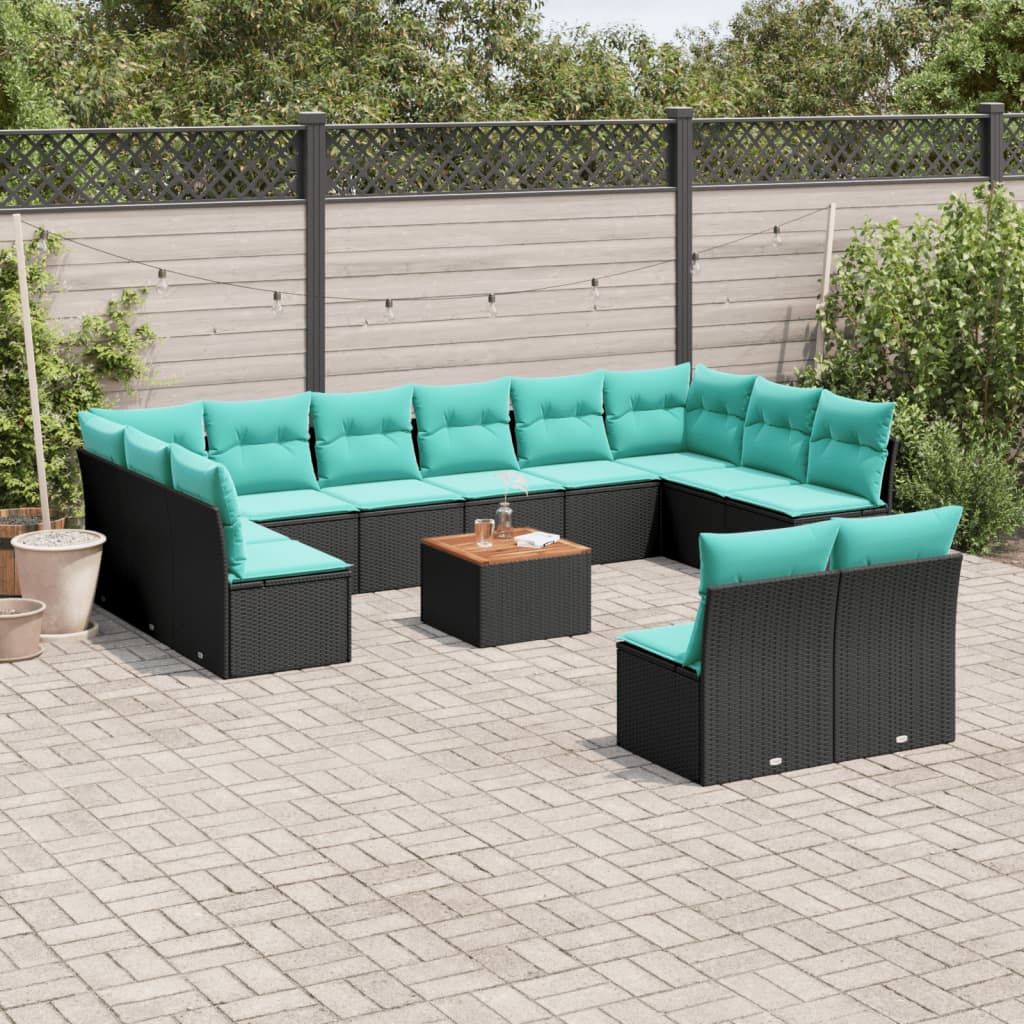 Set Divani da Giardino 13pz con Cuscini Nero in Polyrattan
