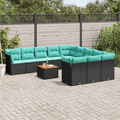 Set Divani da Giardino 12pz con Cuscini Nero in Polyrattan