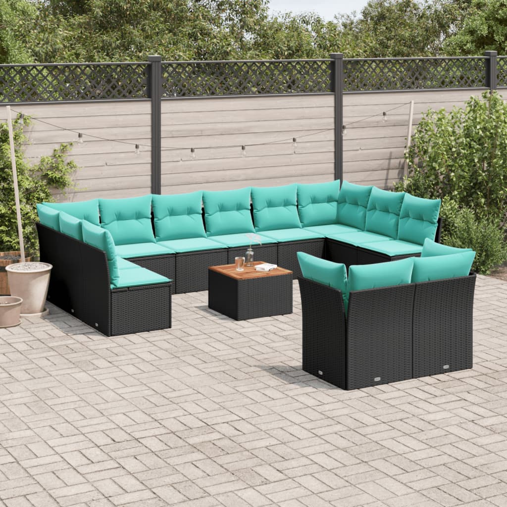 Set Divani da Giardino 13pz con Cuscini Nero in Polyrattan