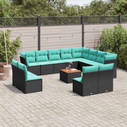 Set Divani da Giardino 13pz con Cuscini Nero in Polyrattan