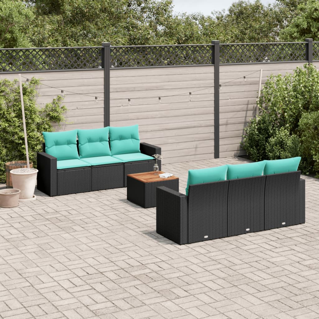 Set Divani da Giardino 7 pz con Cuscini Nero in Polyrattan