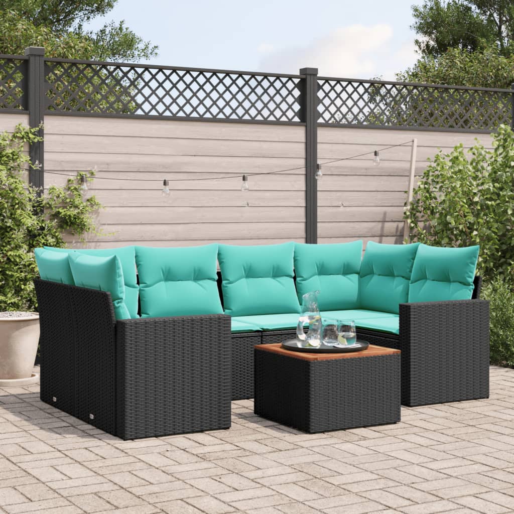 Set Divani da Giardino 7 pz con Cuscini Nero in Polyrattan