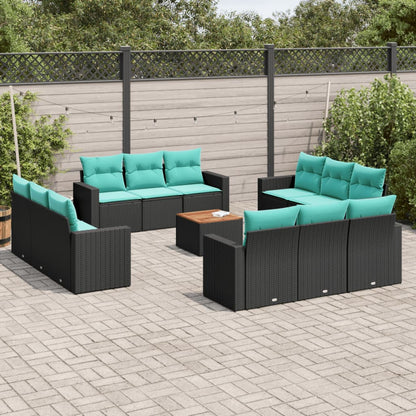 Set Divani da Giardino 13pz con Cuscini Nero in Polyrattan