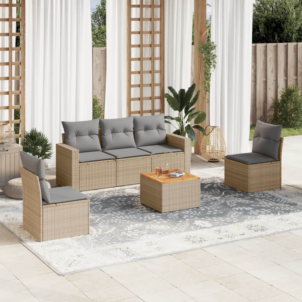 Set Divano da Giardino 6 pz con Cuscini Beige Misto Polyrattan