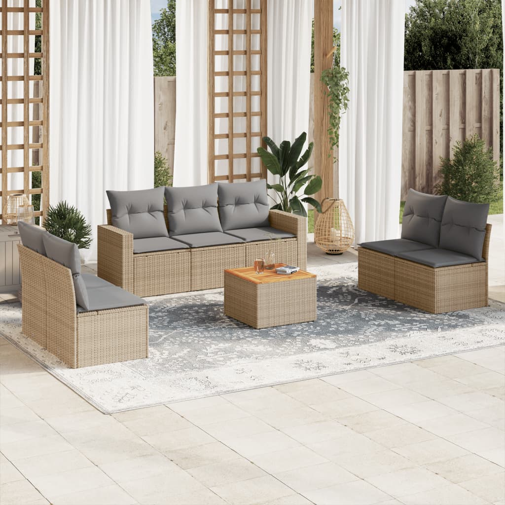 Set Divano da Giardino 8 pz con Cuscini Beige Misto Polyrattan